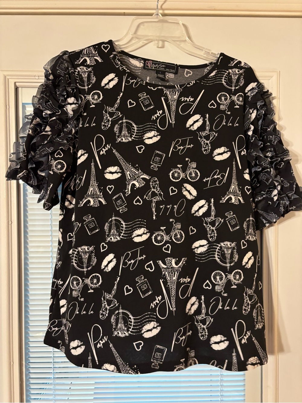 Ruffle Sleeve Paris Graphic Blouse - Black